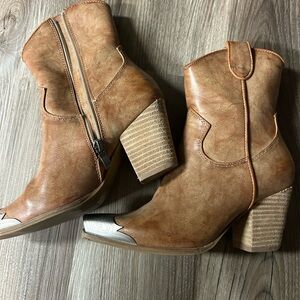 Western Tan Leather Ankle Boots